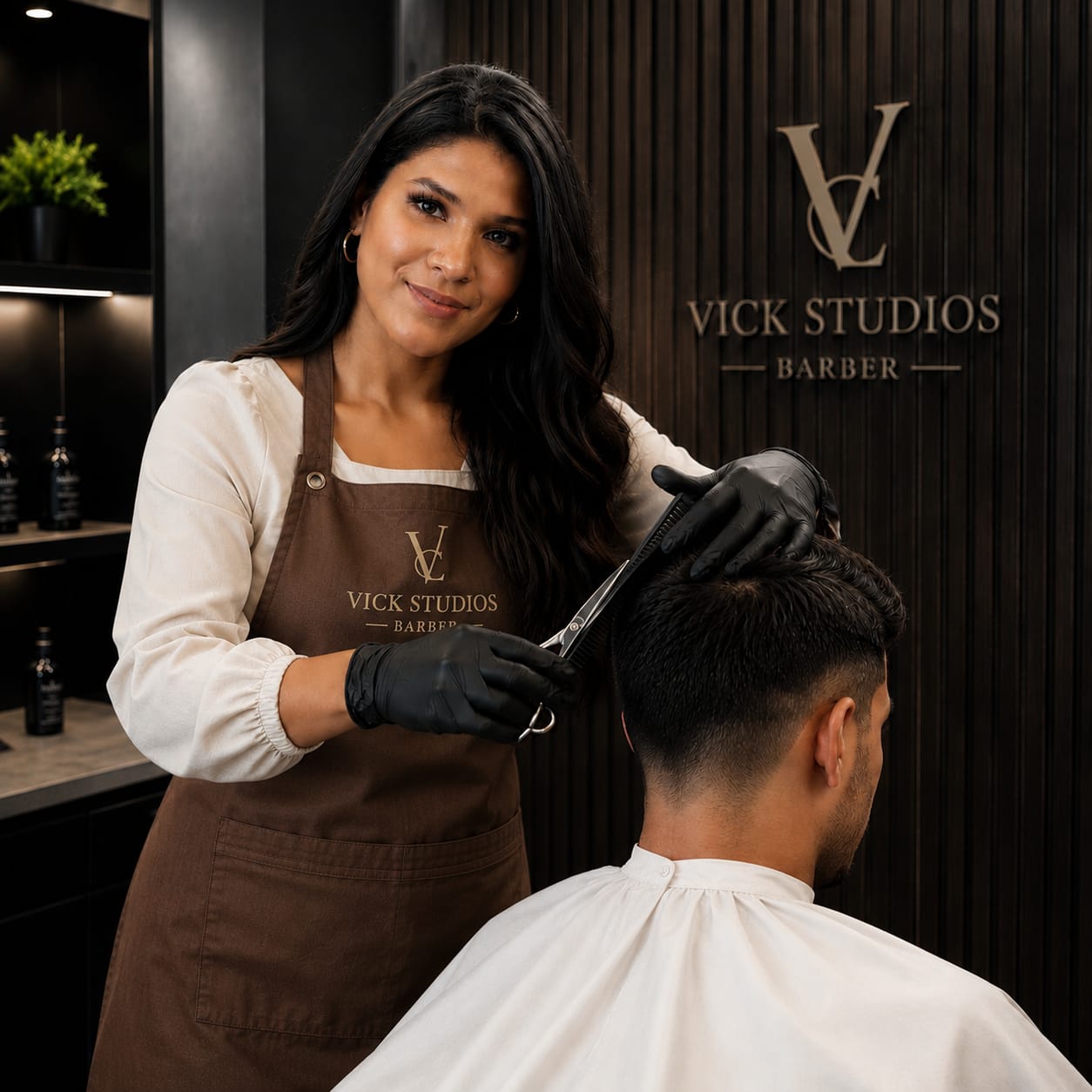 Barbeira do Vick Studios Barber finalizando um corte, com o letreiro da marca ao fundo