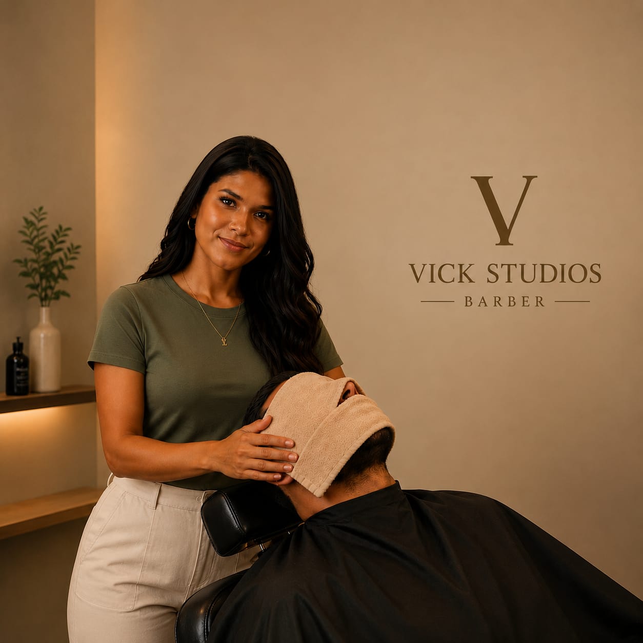 Profissional do Vick Studios Barber aplicando toalha quente em atendimento